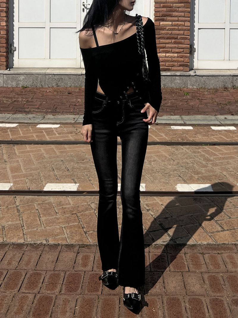 Color combination stitch gradient washed high waist spandex bootcut pants (Black)