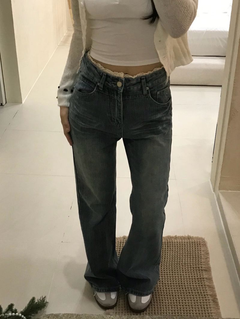 Pomel Lace Trimming Semi Bootcut Pants