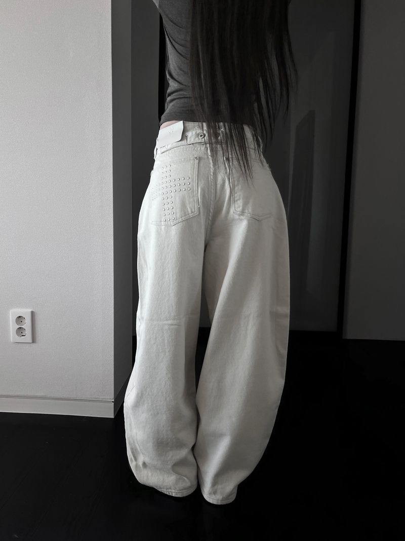 back pocket cross stud wide denim (fleece-lined / 2color)