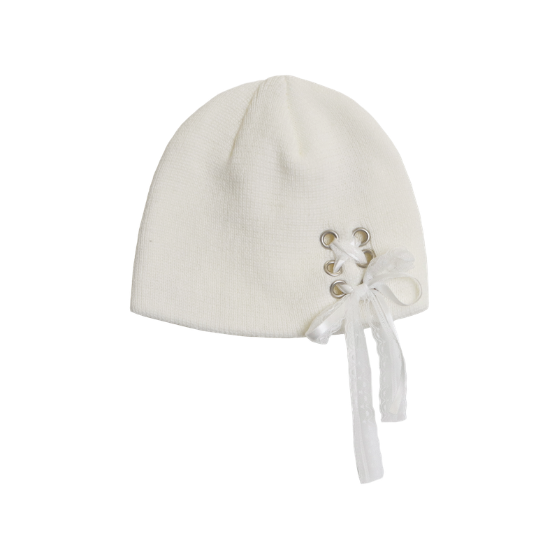 RIBBON EYELET KNIT BEANIE