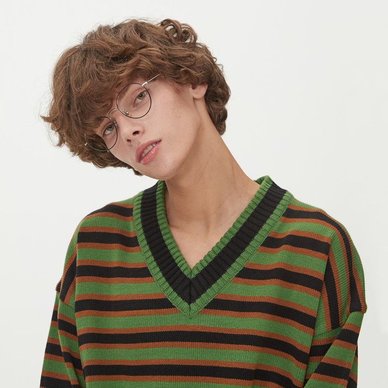STRIPE V NECK KNIT_GREEN