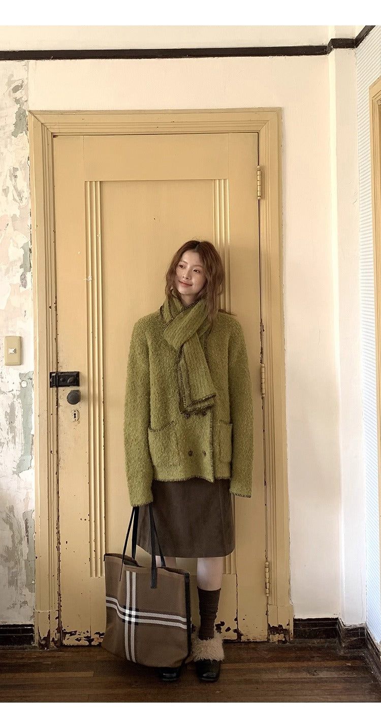 Green tea wool muffler knit cardigan