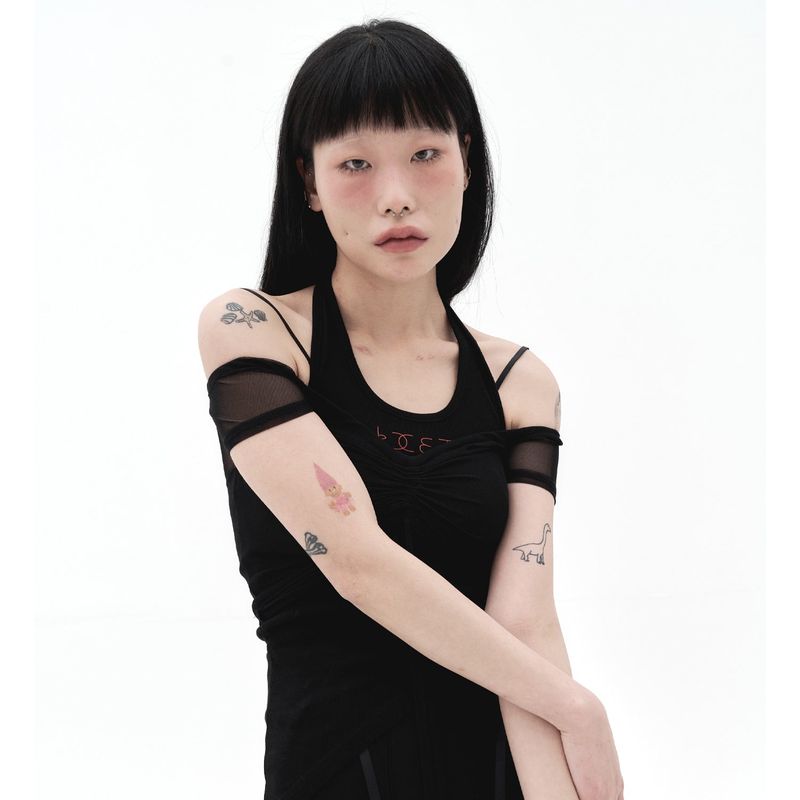 212-mesh shirring off-shoulder