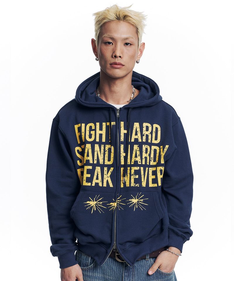 EASY NO EASY(イージーノーイージー)の「Crack Print Lettering Hooded Zip-Up - Navy(Tops)」