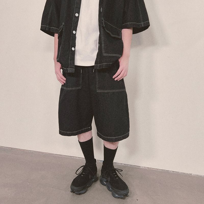 denim stitch shorts_black