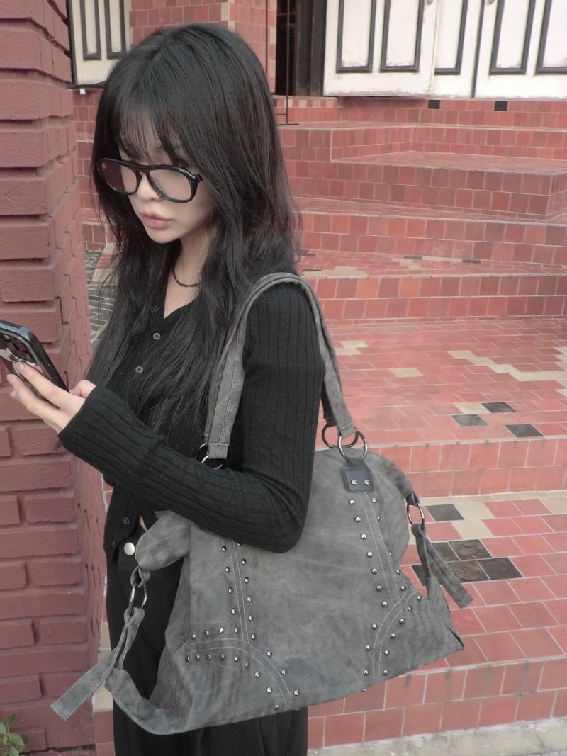 Vintage Denim Stud Big Shoulder Bag