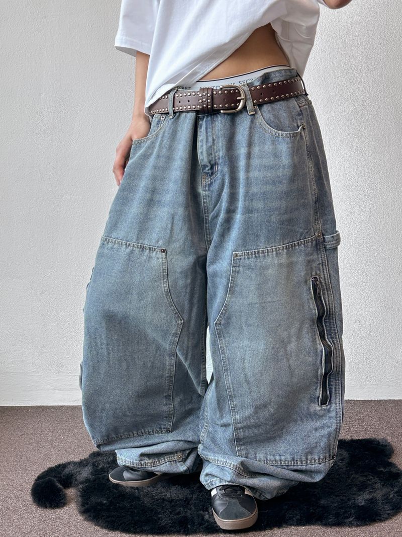 Kuchi Side Carpenter Zip Wide Balloon Pants 3color