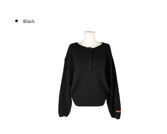 Nancy Henley Neck Button Round Patch Wool Knit