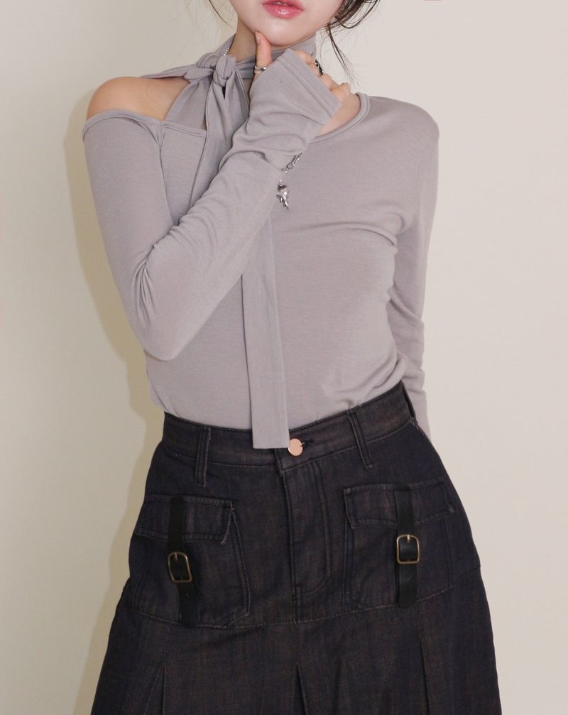 (Napping T-shirt) Euren One Shoulder Ribbon Tie Long-Sleeved Warmer T-Shirt