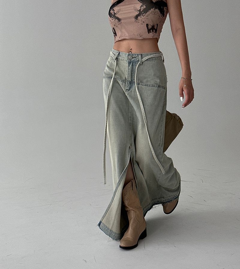 Strap belt Set Denim Long Skirt