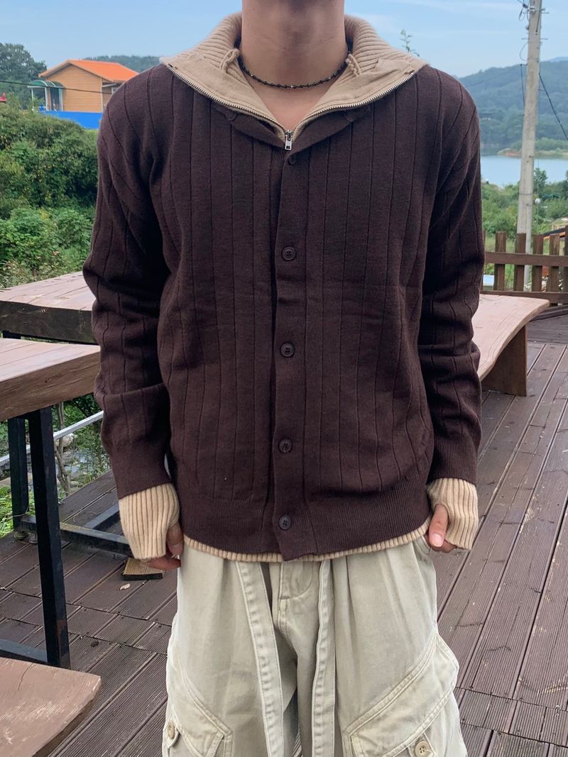 Rib Hood Half Zip-Up Knit