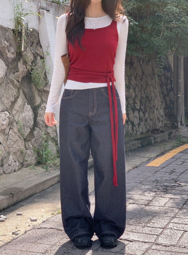 Non-Fade Back Line Wide Denim Pants