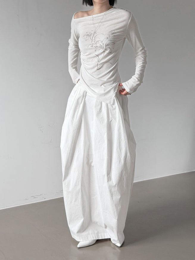Boxy Pleated Cotton Balloon Long Skirt