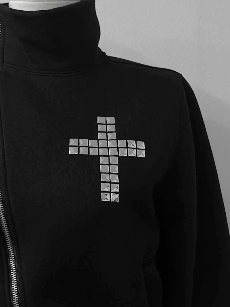 cross stud diagonal warmer zip-up (fleece-lined / 2color)