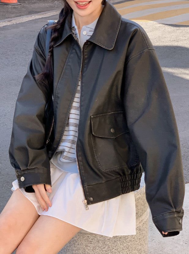 #Big Pocket Collar Loose Leather Jacket
