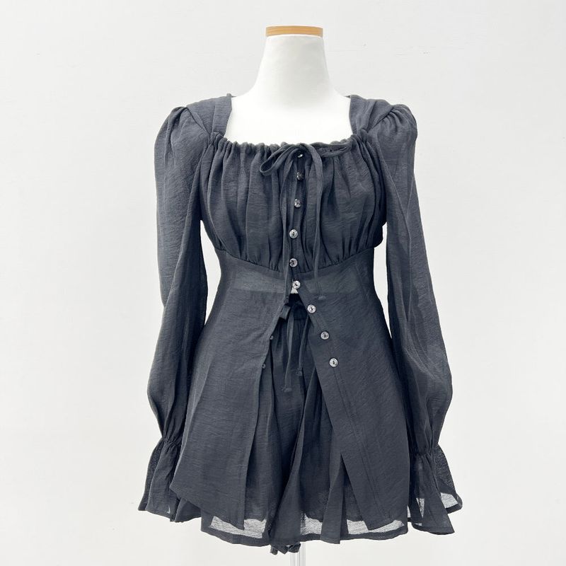 Ribbon puff strap blouse skirt pants setup SET (3 colors)
