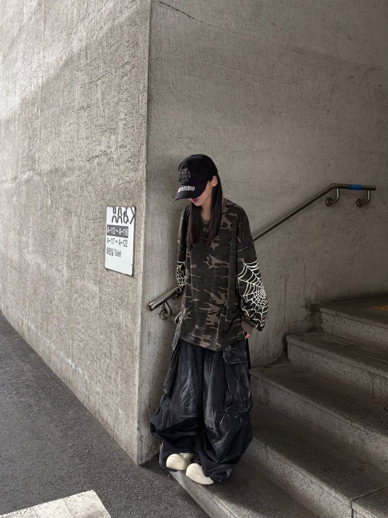 shot crack denim cargo balloon pants