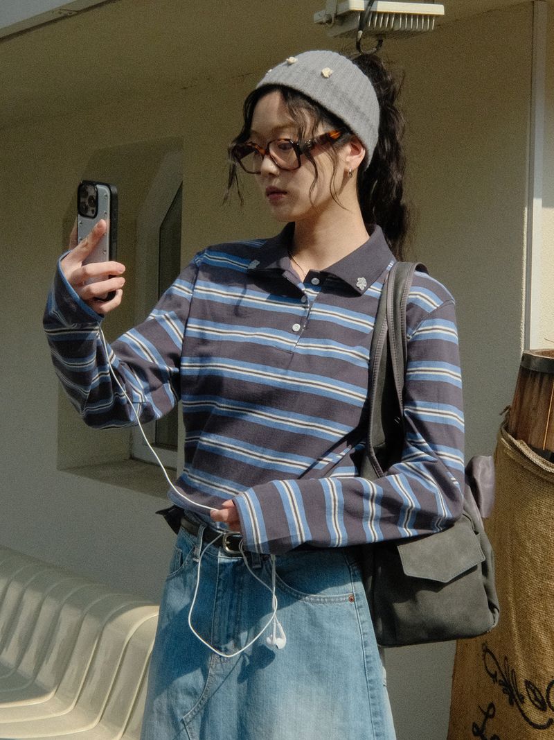 SIWL107（シウォル107）の「Stripe Rugby T-shirt (Charcoal)（Tops）」