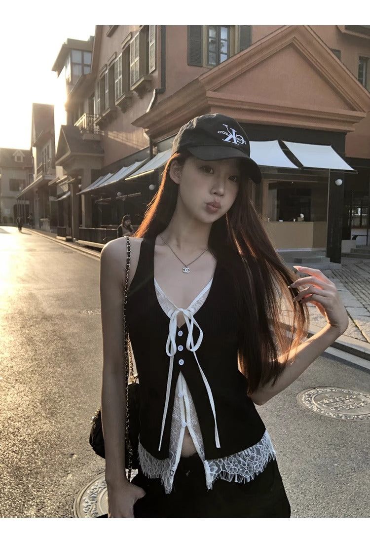 Black Lace Layered Vest Sleeveless Top