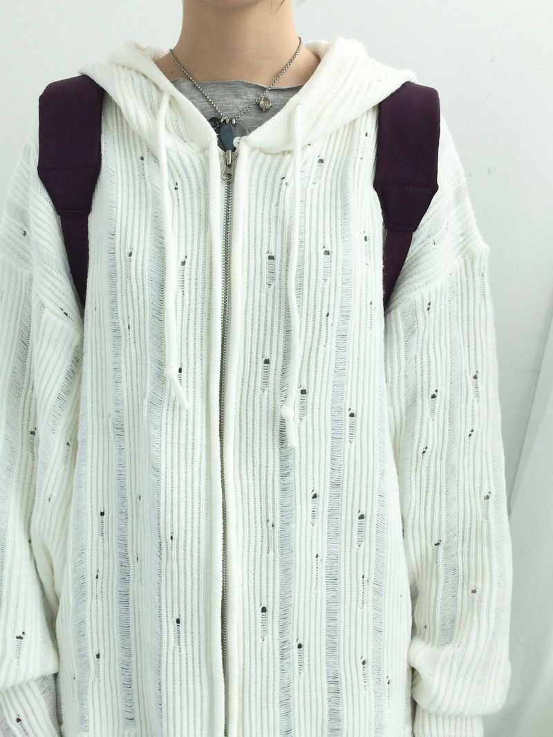 Punch Damage Hooded Knitwear Zip-Up