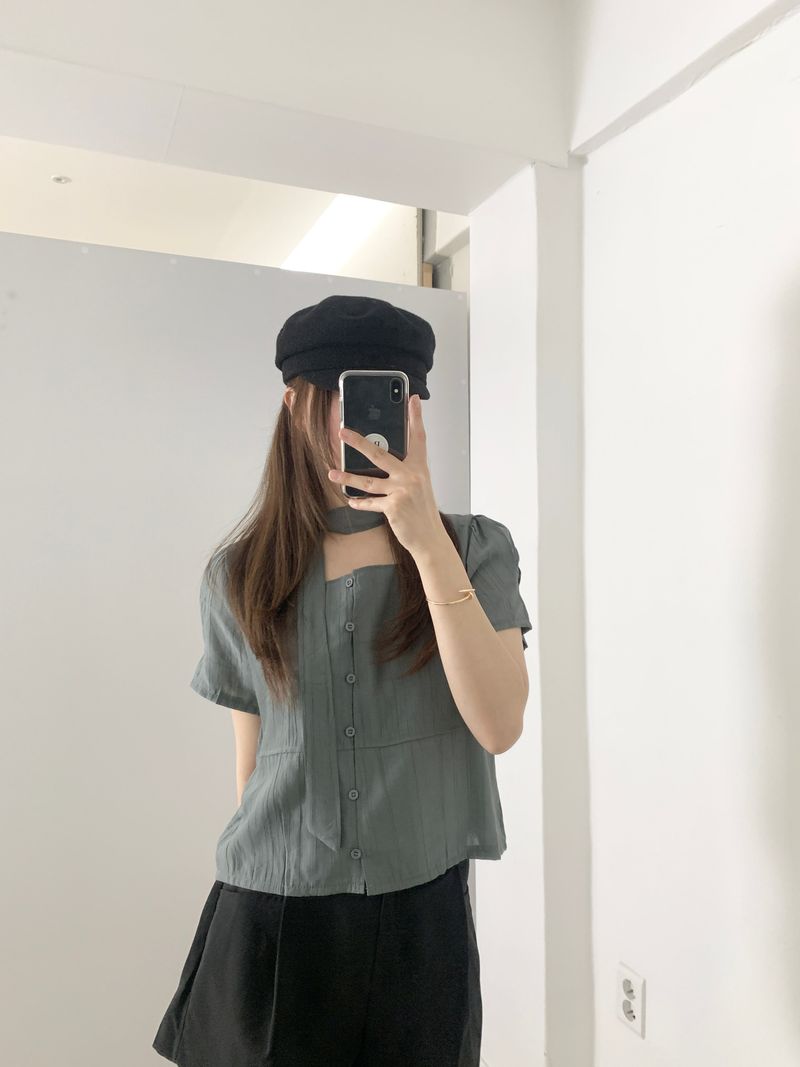 Blian Puff Short Sleeve Blouse Scarf Tie Set