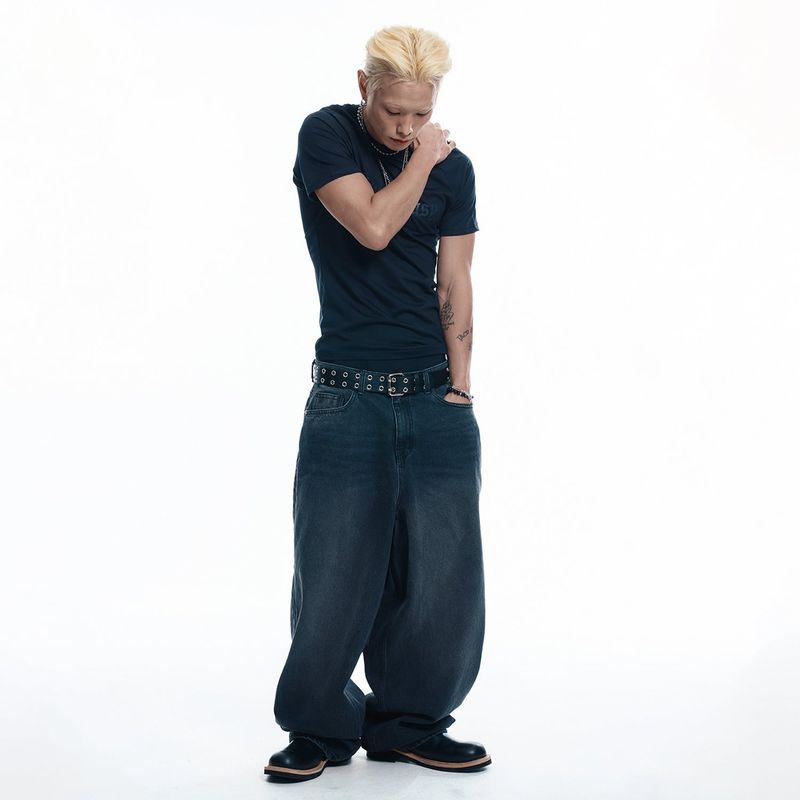 Lettering Wide Denim Pants - BLACK