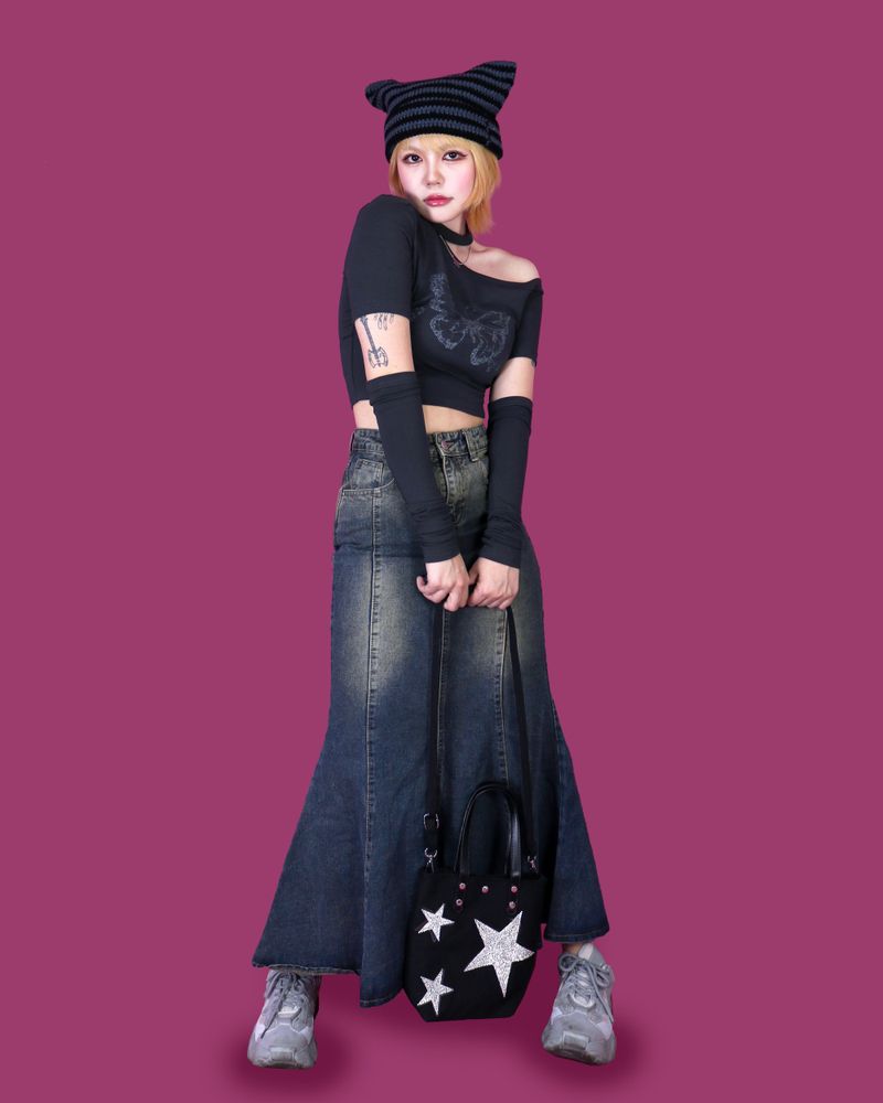 caramel denim long skirt