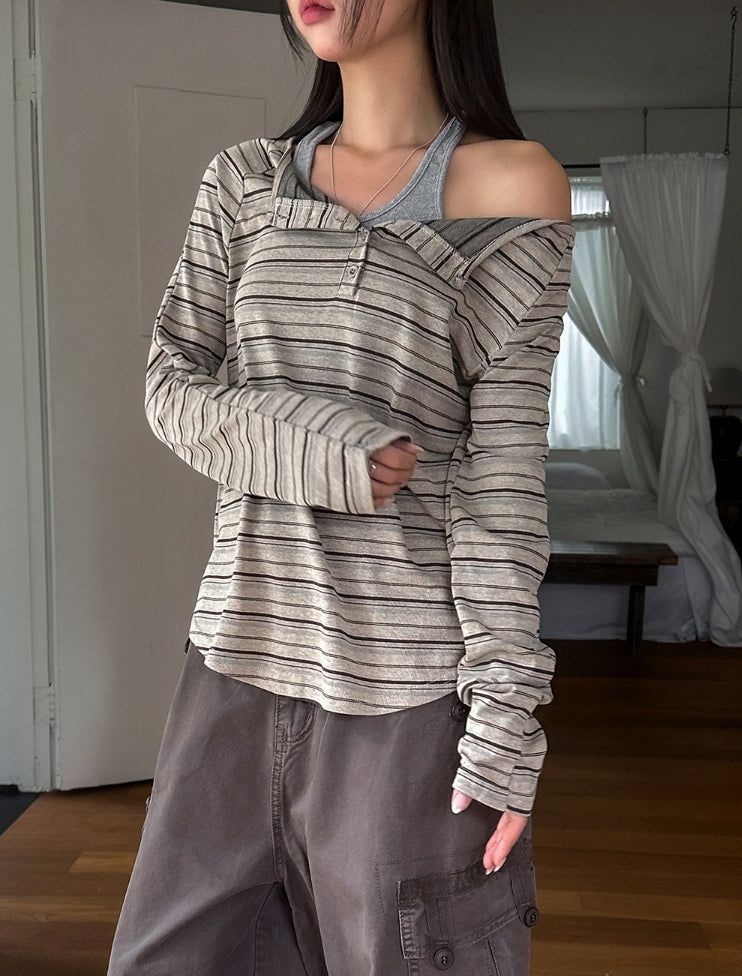 Dien Button Stripe Boat Neck Long Sleeve