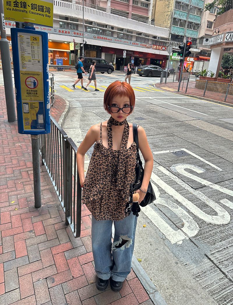 Tie set leopard print dot bustier long blouse