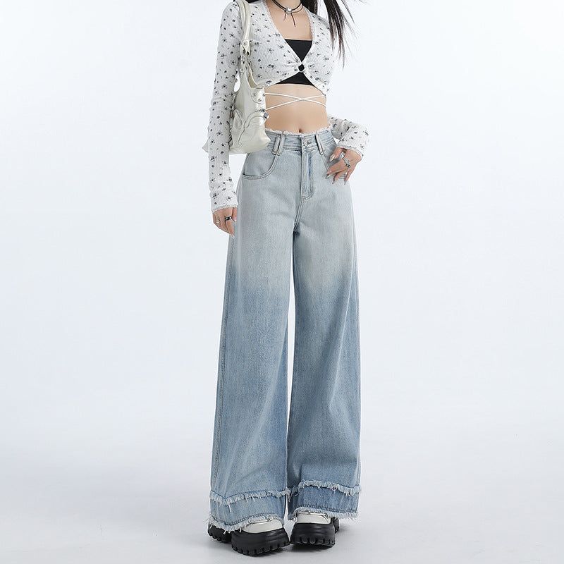 Gradient Blue Raw-Edge Wide-Leg Denim Pants