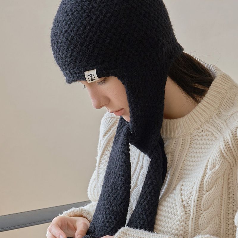 VA Square Label Knit muffler beanie / Black