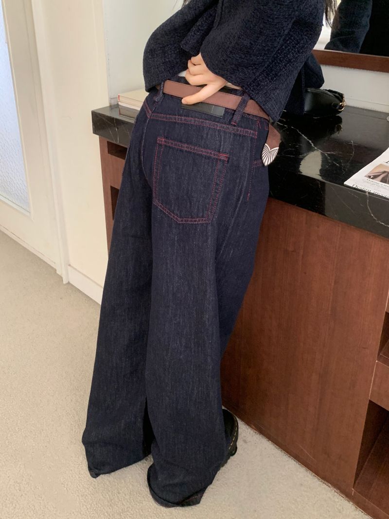 ペニーレッドステッチローワイドデニムパンツ