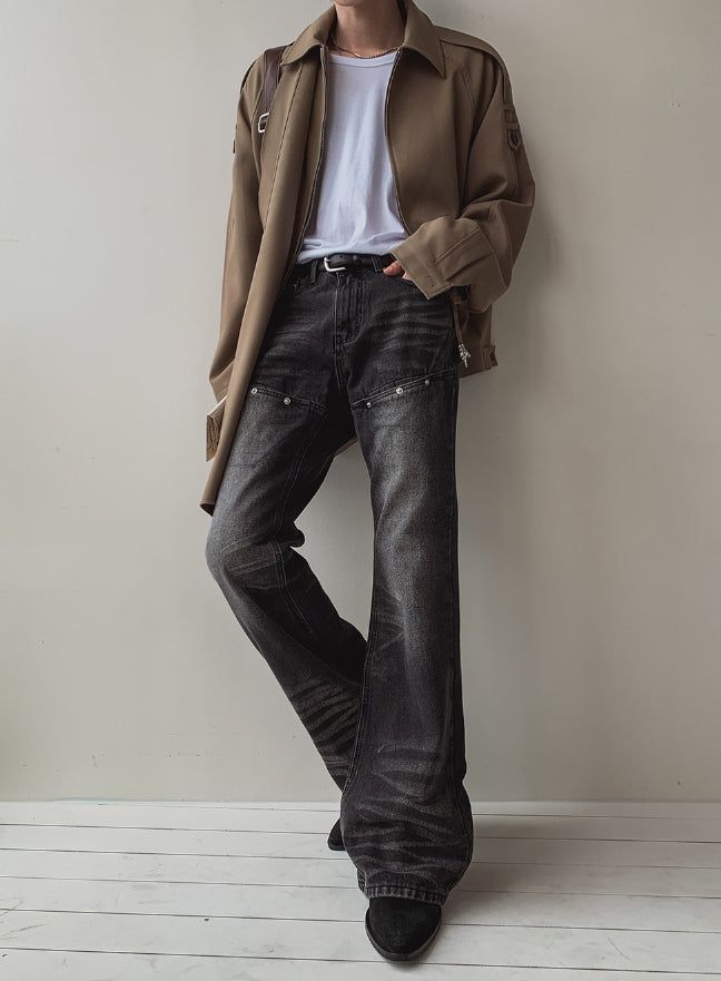 Groove cat-washed rivet flare denim pants