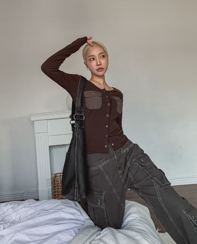 Luchi color matching pocket ribbed cardigan