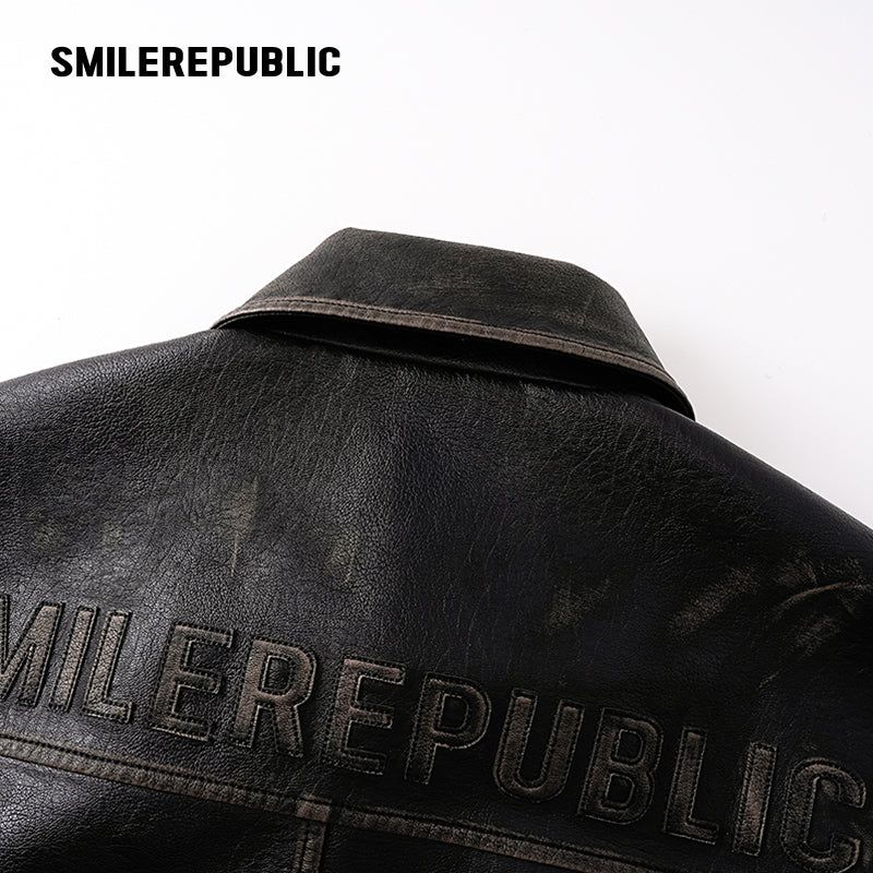 Brown Distressed PU Coated Faux Leather Oversized Asymmetrical Zip Jacket with Logo Back