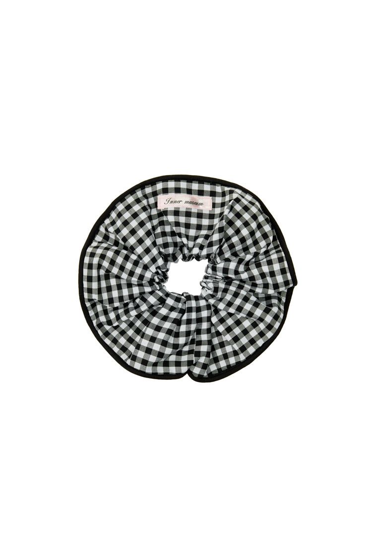 Gingham Check piping hair scrunchie (BLACK)