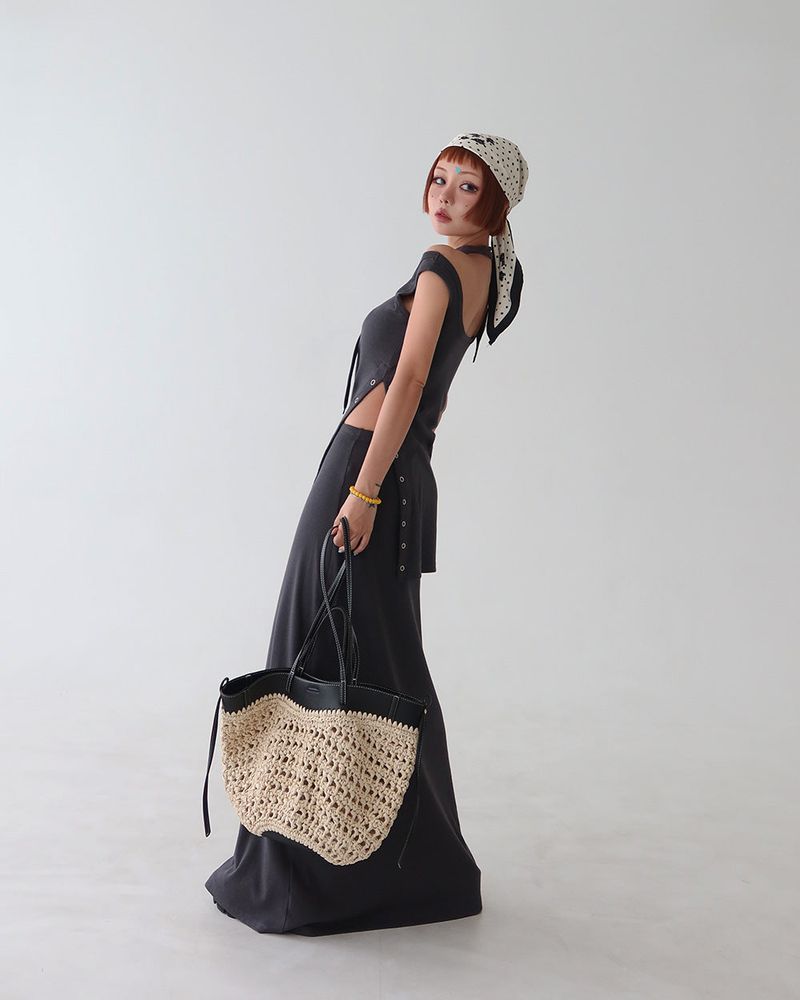 pouch set leather coloring Rattan tote & shoulder bag