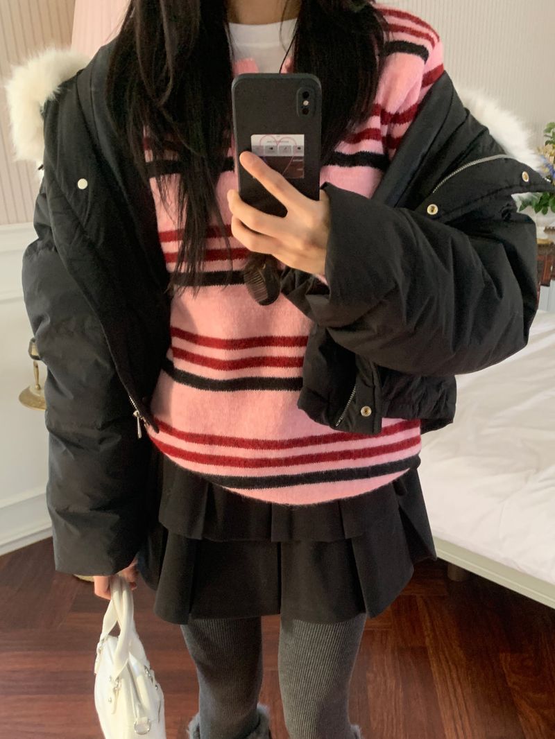 Ice Bloom Fur-Collar Duck Down Short Puffer