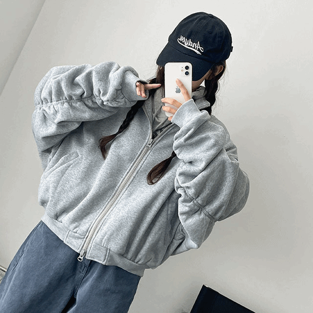 hijjoo（ハイチュー）の「Lee Know Fleece Lining Shirring Wrinkle Boxy Two Way Zip-Up Jumper（Jackets/Outerwear）」