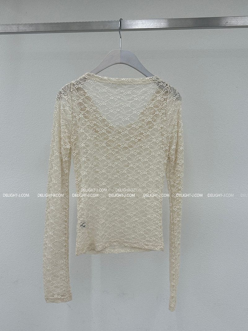 lace see-through off-shoulder T-shirt