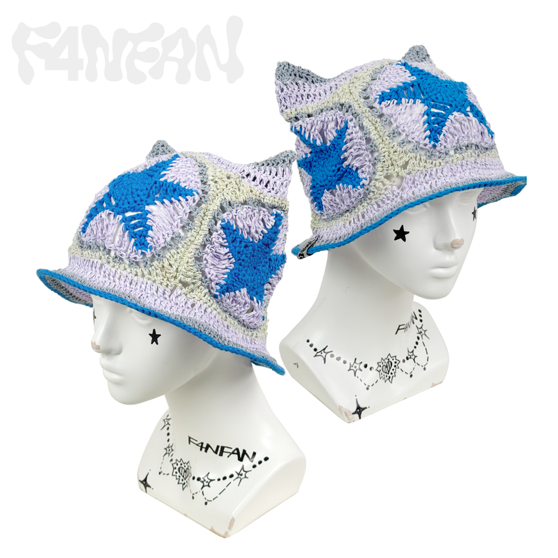 crochet bucket hat with cat ears and four star decorations