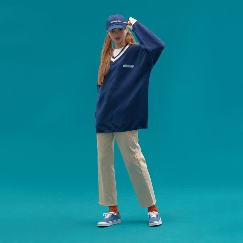 BASIC V NECK  KNIT SWEATER_BLUE
