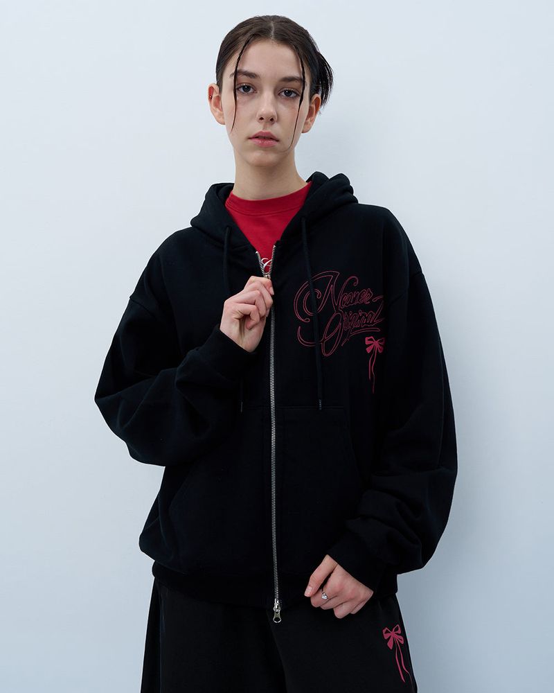 PINK RIBBON LOGO HOODIE ZIPUP-BLACK