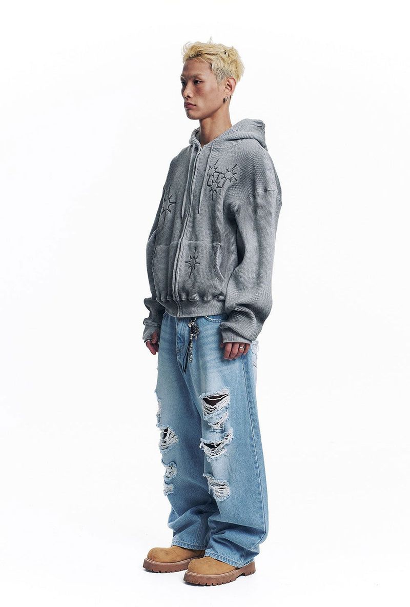 Washed Star Waffle Hooded Zip-Up - Grey