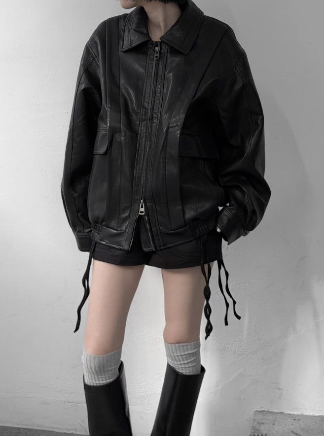 (unisex) Panel Deep Two-Way Leather Jacket