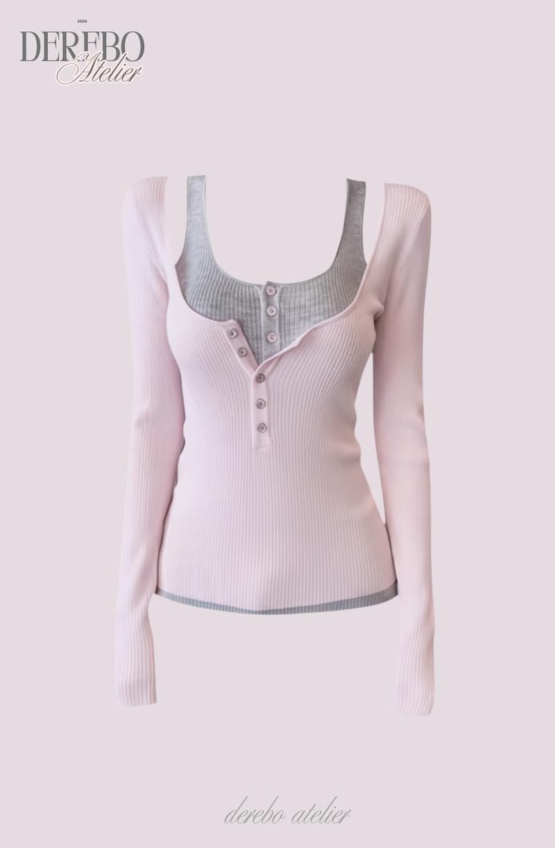 Pink bear ribbed long-sleeved T-shirt