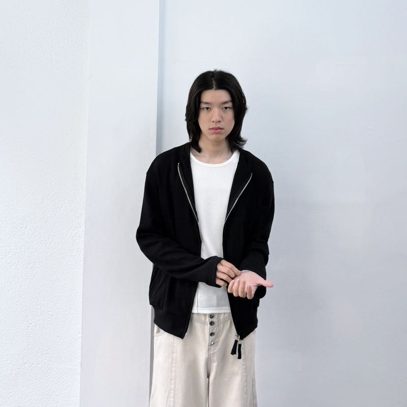 Zip-Front Collarless Knit