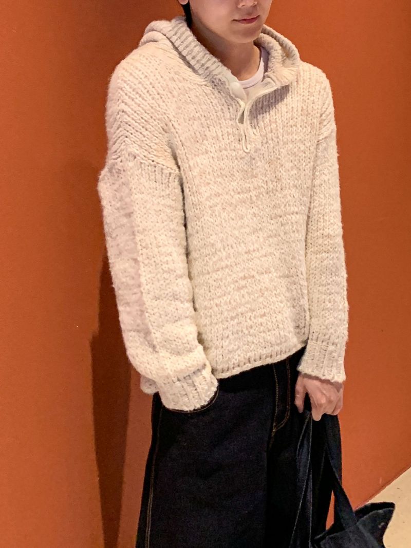 Bow henley neck hood knit