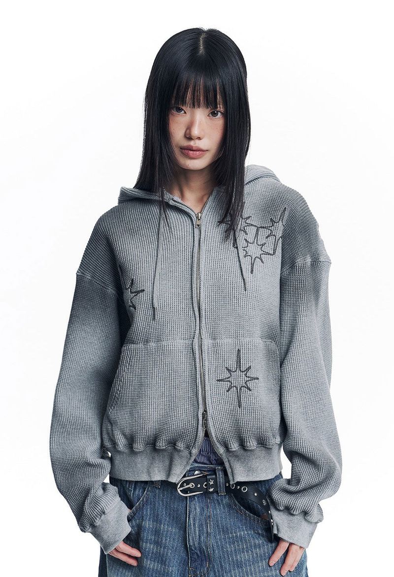 Washed Star Waffle Hooded Zip-Up - Grey