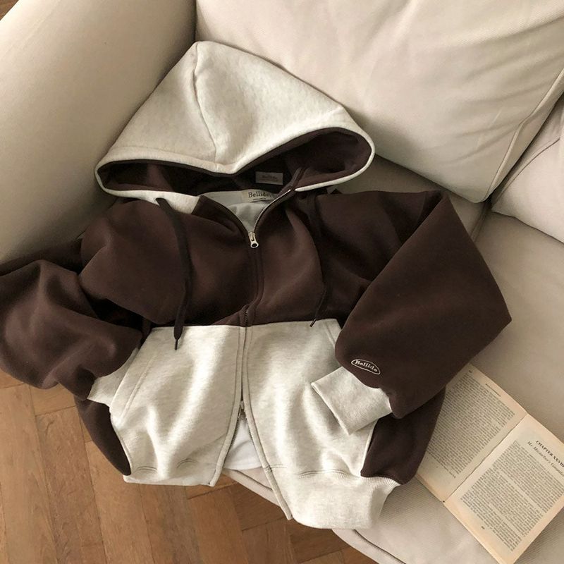 [BELLIDE MADE] two-tone coloring wool boxy hooded zip-up